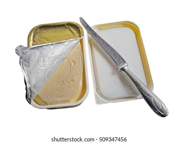 Opened Plastic Box With Margarine And Knife Isolated On White Background.        