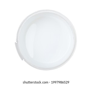 Opened Plastic Bucket With White Paint Isolated On White. Top View.