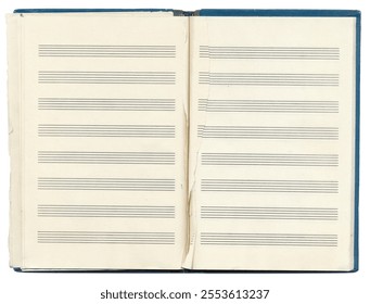 Opened ragged blank pages of musical notes in a music notebook. Vintage music note pages. Five-line staff without a key. Music notation elements for design. - Powered by Shutterstock