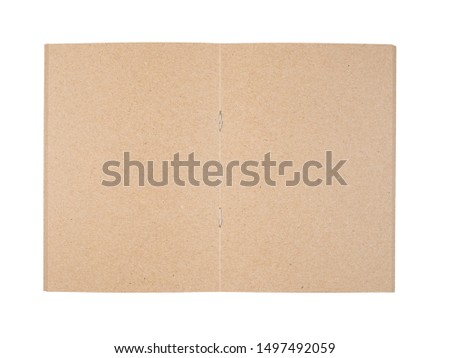 Opened recycled brown notebook, note template with staples isolated on white background