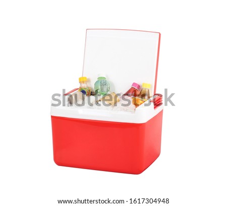 Opened red cooling box with bottles of beverage and ice isolated on white background