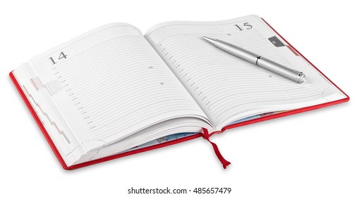 Opened red diary and pen isolated on white background