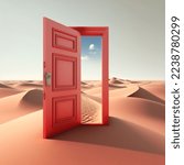 Opened red door in the desert . This is a 3d render illustration