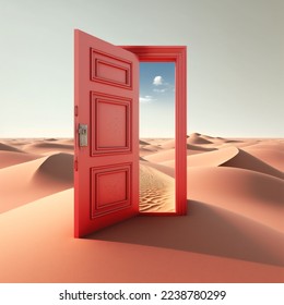 Opened red door in the desert   This is 3d render illustration