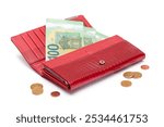 Opened Red Leather Women Purse with One Hundred Euro Banknotes Inside and Euro Cent Coins - Isolated on White Background. A Wallet Full of Money Symbolizing Wealth and Success - Isolation