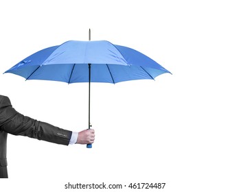 Opened red umbrella in hand, isolated on white.