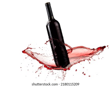 Opened Red Wine Bottle Splash On White Background