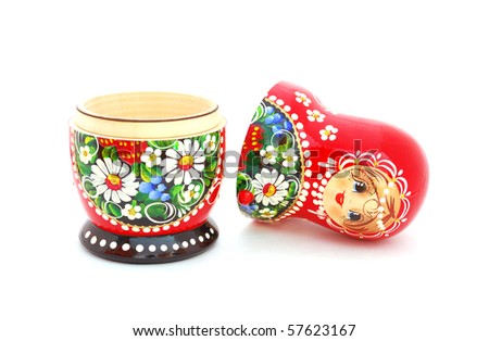 An opened Russian doll on white background.