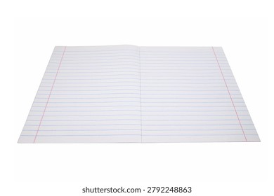 opened school notebook with lines and red margins lies on white background at an angle in perspective