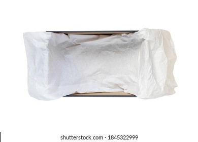 Opened Shoes Box With Crumpled Wrapping Paper Top View Isolated On White
