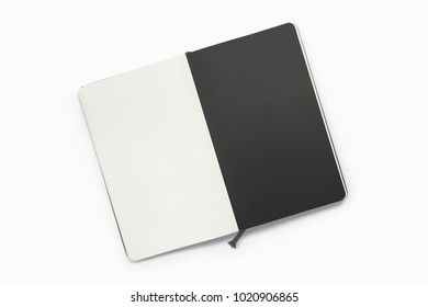 Opened sketchbook with black and white pages isolated on white. 3d illustration for your artwork presentation or separate object for your library materials.