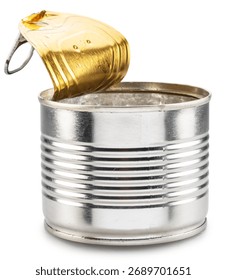 Opened steel can or tin can with ring-pull tab on white background. File contains clipping path.