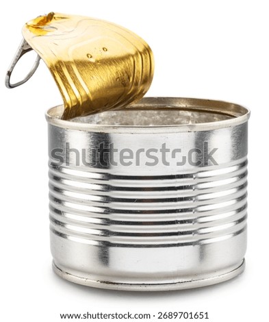 Opened steel can or tin can with ring-pull tab on white background. File contains clipping path.