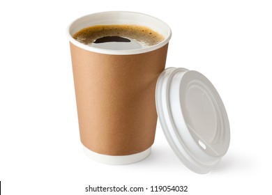 Opened take-out coffee in cardboard cup. Isolated on a white.