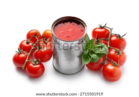 Opened tin can with tomato paste and ingredients isolated on white background, closeup