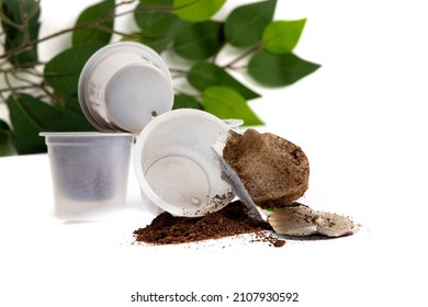 An Opened Used Coffee Machine Single Serving Cup Pod Ready For Recycling And Composting  Isolated On White