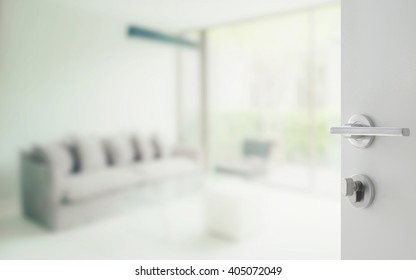 opened white door to modern living room as background