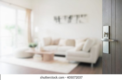 opened wooden door to modern living room interior
