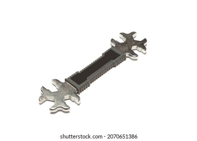 Open-ended spanner with metric and US standard on a white background. Black nylon coated handle
