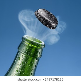 Opening beer bottle on blue background. Gas cloud going out of the beer bottle blowing the cap. - Powered by Shutterstock