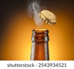 Opening beer bottle on brown background. Gas cloud going out of the beer bottle blowing away the crown cap.