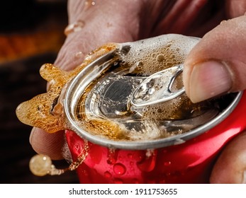 Opening A Can With Brown Soda Water, Close Up