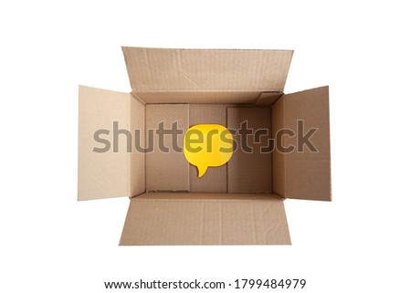 opening empty box and yellow stiker without text on white background