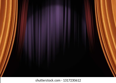 Opening Gold And Red Stage Curtains In Dark Theater For A Live Performance Background