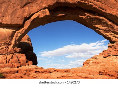 The opening of North Window Arch against the sky - Arches National Park, USA.