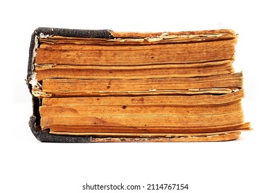 Opening of the Old Ancient Big Book. Old book on an isolated white background. Open book. The concept of the history of typography. Antiques. - Shutterstock ID 2114767154