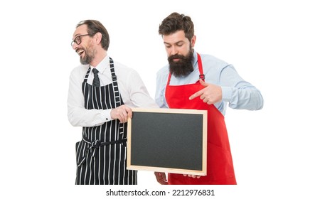 Opening Soon. Men Bearded Hipster Informing You. Men Bearded Bartender Or Cook In Apron Hold Blank Chalkboard. Workers Wanted. Bartender With Blackboard. Hipster Bartender Show Blackboard Copy Space