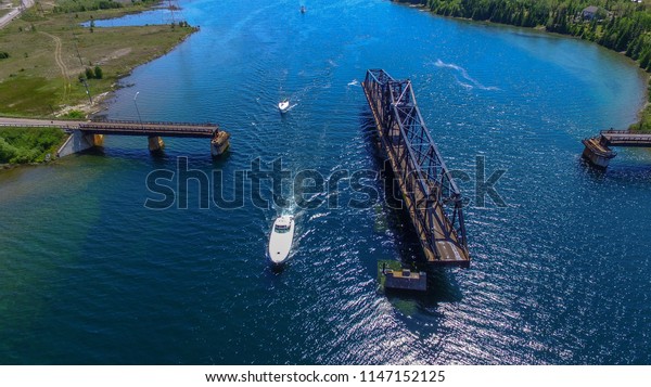 Opening Swing Bridge Boats Manitoulin Island Stock Photo