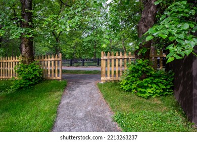 The opening of a wooden picket fence at the end of a concrete pathway. There are large mature lush green maple trees with sprigs sticking out at the bottom of the tree trunks covered in leaves. 