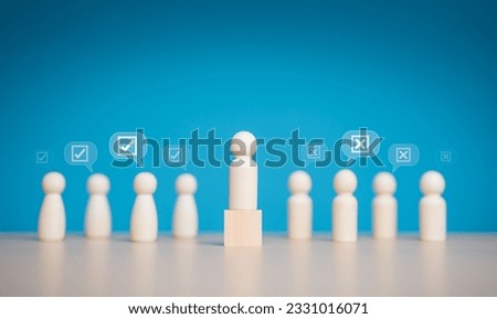 Open-mindedness or public hearing. Wooden figures peg dolls stand above wooden cube among others with vote yes or no symbol. Elections, Volunteers, Voting candidates, Constituency electorates concept.
