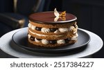 Opera Cake: Luxurious layered cake with rich coffee-soaked sponge, silky ganache, and a hint of dark chocolate, offering a decadent and elegant dessert experience.