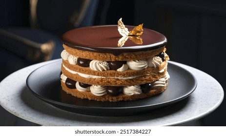 Opera Cake: Luxurious layered cake with rich coffee-soaked sponge, silky ganache, and a hint of dark chocolate, offering a decadent and elegant dessert experience. - Powered by Shutterstock