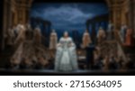 Opera Performance Singer on Stage with Classical Theater with Orchestra and Spectators.