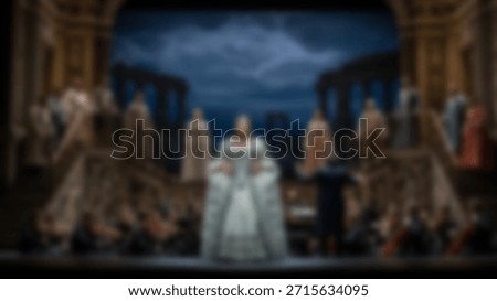 Opera Performance Singer on Stage with Classical Theater with Orchestra and Spectators.