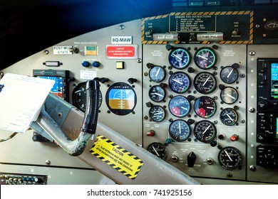 Operate An Instrument Panel. Interior Details Of A Water Plane.