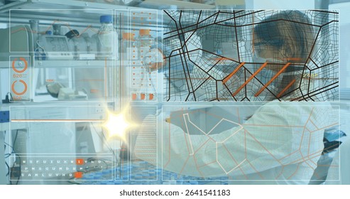 Operating Indian scientist in lab coat and gloves using pipette at lab bench, copy space. Researcher, data visualization, scientific, analytical, biomedical, technology, innovation