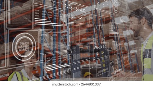 Operating manager in vest interacting with terminal at warehouse, holographic panels, copy space. Logistics, automation, data visualization, warehouse, inventory, industry, teamwork - Powered by Shutterstock - Get 15% off with code: PIKWIZARD15
