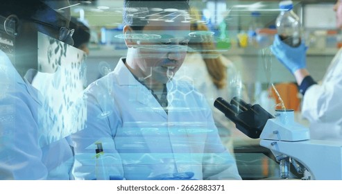 Operating mid man examining compound sample under microscope at lab bench, with molecular diagrams. Scientists, research, innovation, technology, collaboration, diagnostic, experimental