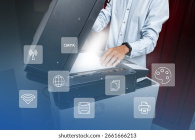 Operating a multifunction printer in an office during the afternoon with digital icons