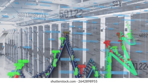 Operating rack servers under overhead cable trays in data center corridor, showing line graphs. Technology, infrastructure, cybersecurity, digital, analytics, innovation, industrial