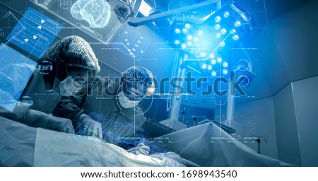 Operating room Doctor or Surgeon anatomy on Advanced robotic surgery machine futuristic virtual interface, robotic surgery are precision, miniaturisation future of tomorrow healthcare and wellness