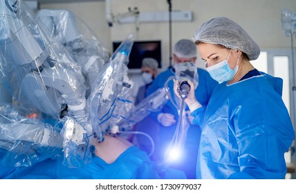 Operating room, medical surgical robot, cancerous tumor removal surgery. Robotic surgery. Future of Medicine