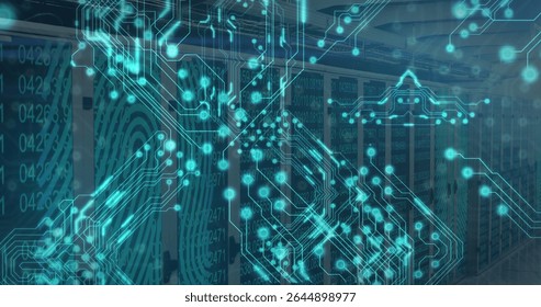 Operating row of server racks processing data in server room, with blinking LEDs, digital overlay. Technology, security, innovation, network, digital, infrastructure, futuristic
