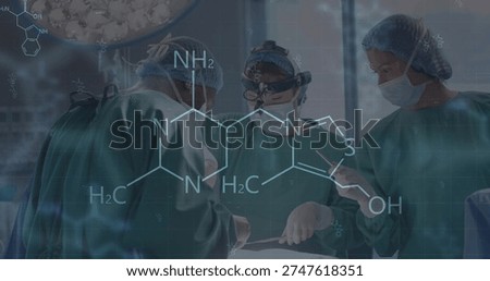 Operating surgeons performing delicate surgery in operating room, wearing green gowns, with loupes. Sterile, headlamp, magnification, molecular, overlay, teamwork, scrubs