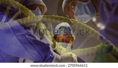 Operating surgical team performing procedure at OR table, holding tools in blue scrubs, DNA overlay. Patient, hospital, gloves, sterile, lighting, doublehelix, genetics