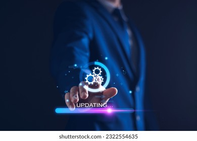 Operating system upgrade concept, installation app and software update process, modernize user equipment, update modern functions, developer released new version Improved security. User is downloading